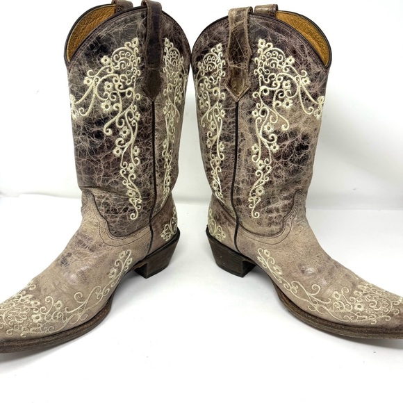 Corral Crater Brown Leather Embroidered Snip Toe Cowgirl Boots Teen Women Sz 5 - Picture 3 of 7